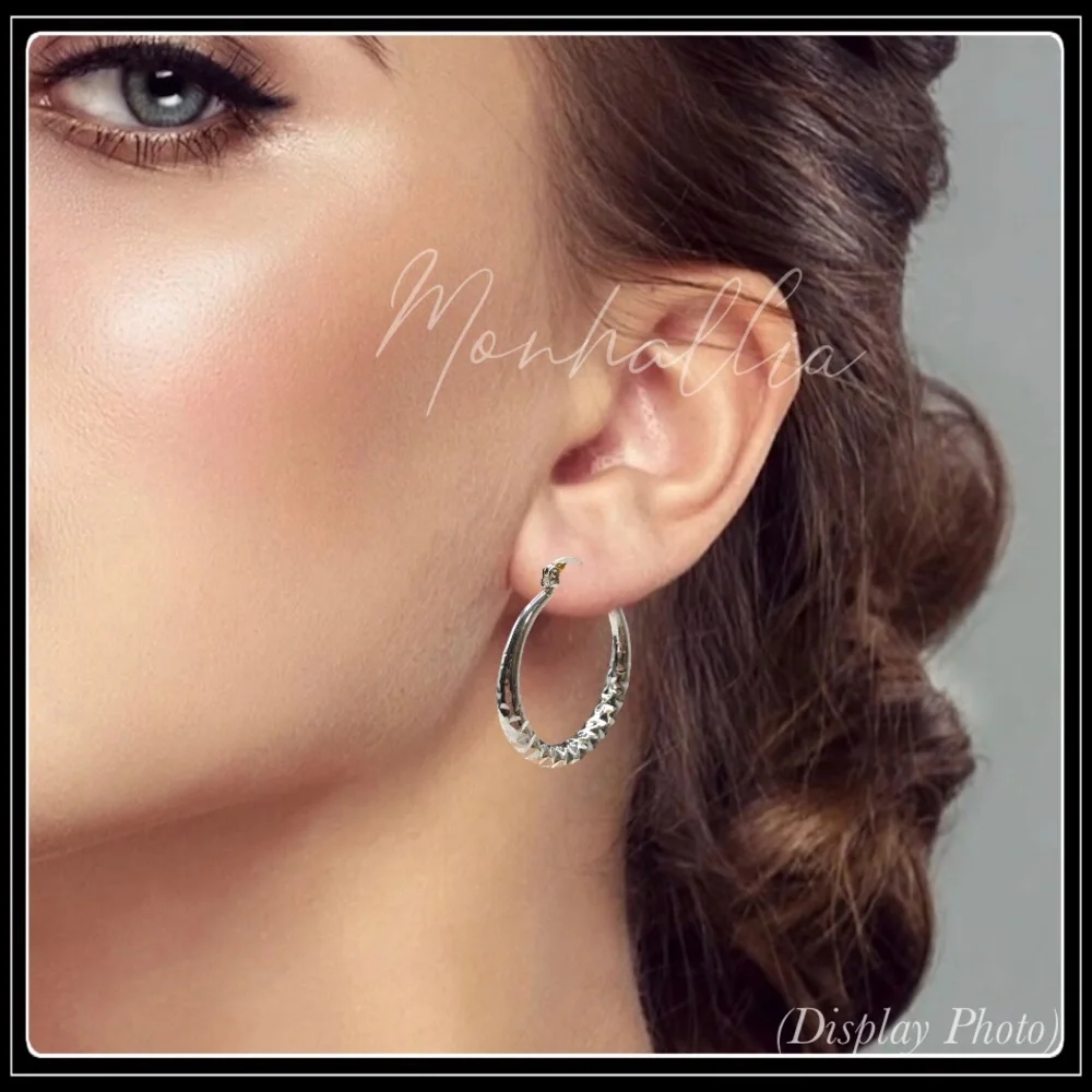 NEW SILVER TEXTURED ROUND BEVELED HOOP EARRINGS